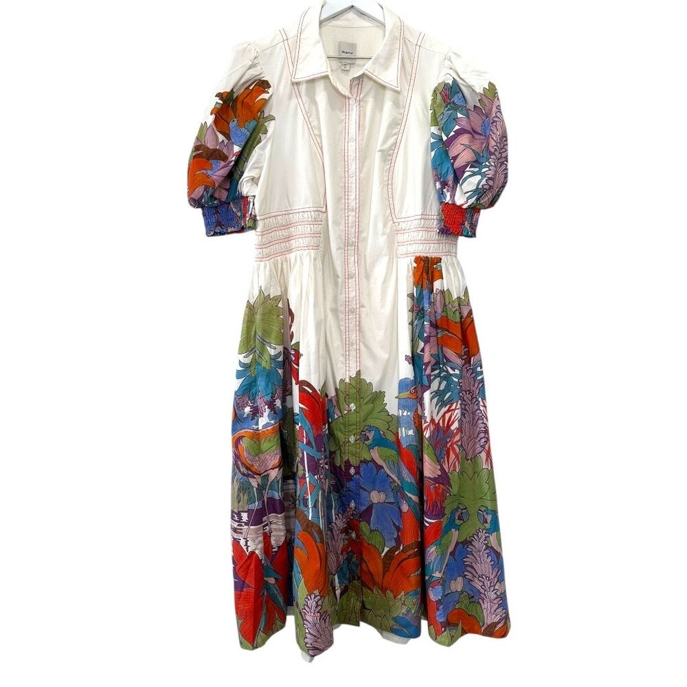 Anthropologie Maeve Puff Sleeve Smocked Shirt Dress Tropical Print Size XL - Picture 3 of 10